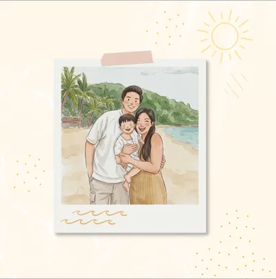 Watercolour illustration of a mother, father and baby on a beach, framed as a taped-up polaroid.