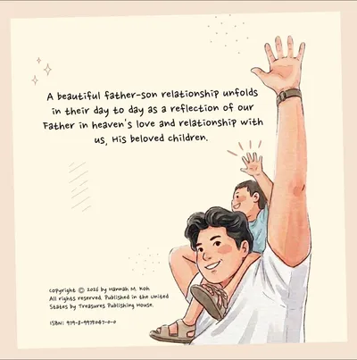 A page from My Daddy the Giant!: a father with his son on his shoulders, both reaching skyward, beside the book's description.